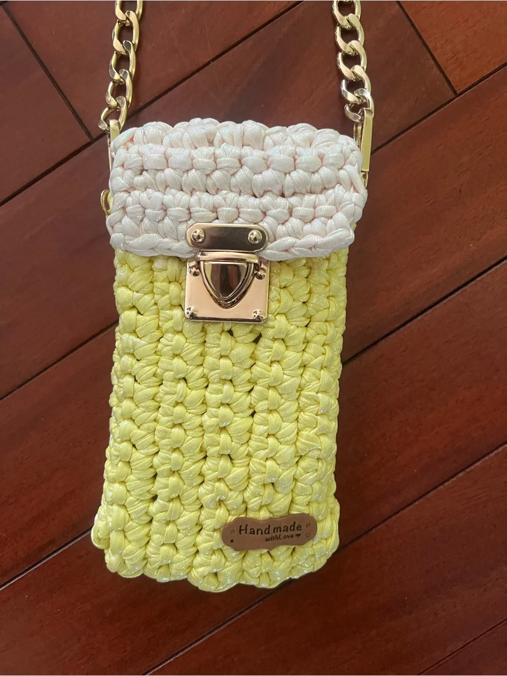 Handmade Yellow and Cream Crochet Crossbody Bag with Gold Chain